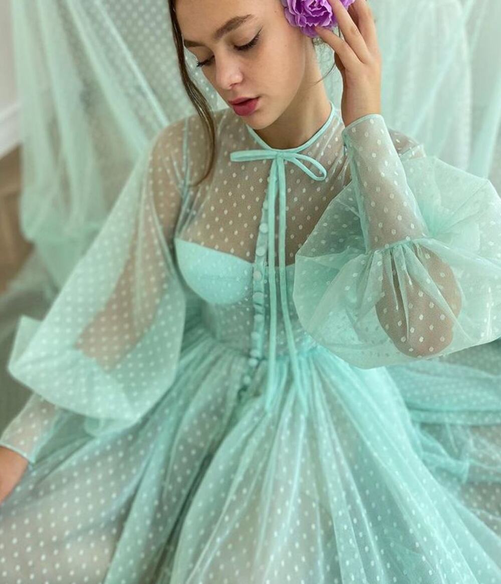 Teuta Matoshi Mint Green Swiss Dot Tulle Dress Size 12